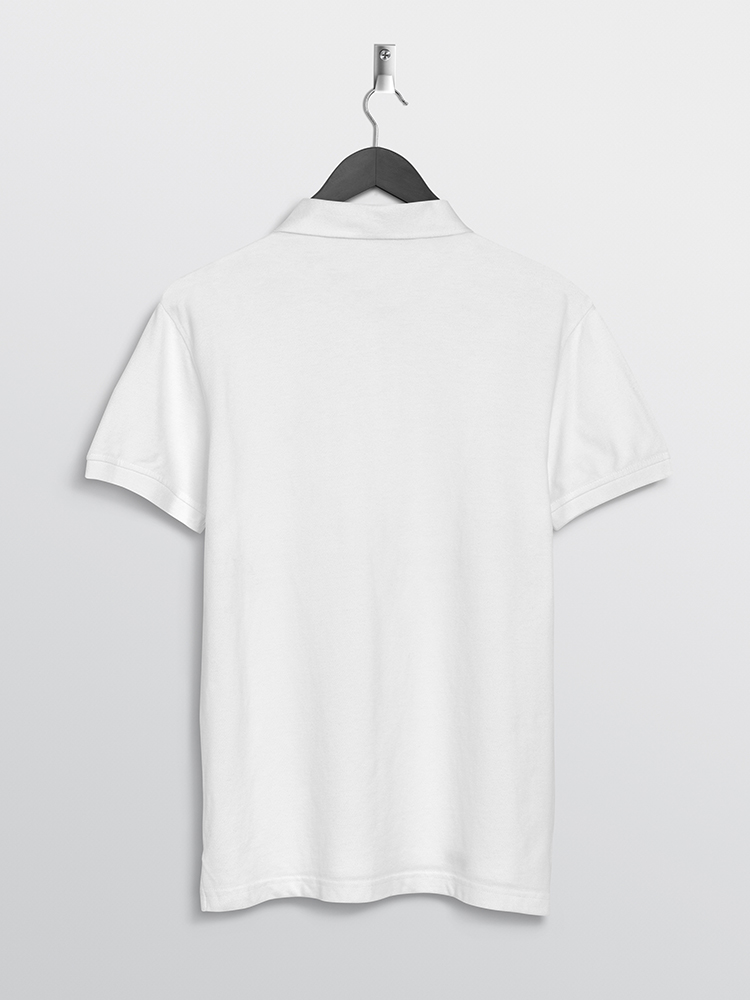 Front back of white plain polo t shirt hanging on wall