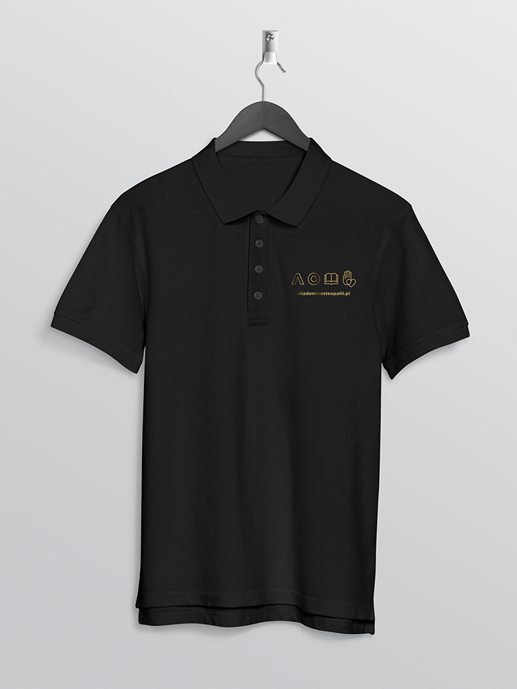 Front back of black plain polo t shirt hanging on wall