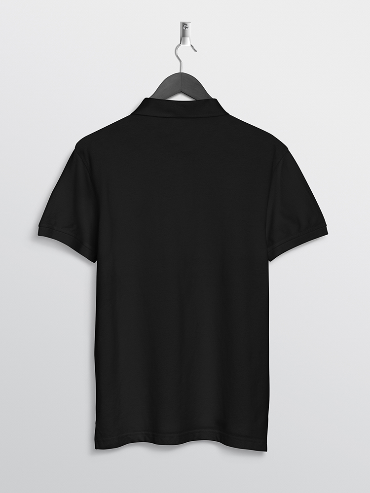 Front back of black plain polo t shirt hanging on wall
