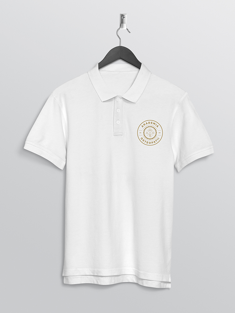 Front back of white plain polo t shirt hanging on wall