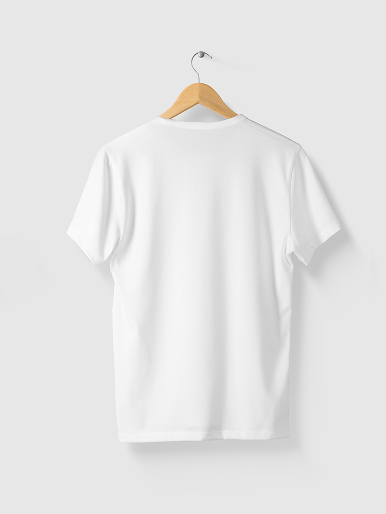 Blank White T-Shirt Mock-up on wooden hanger, front and rear sid