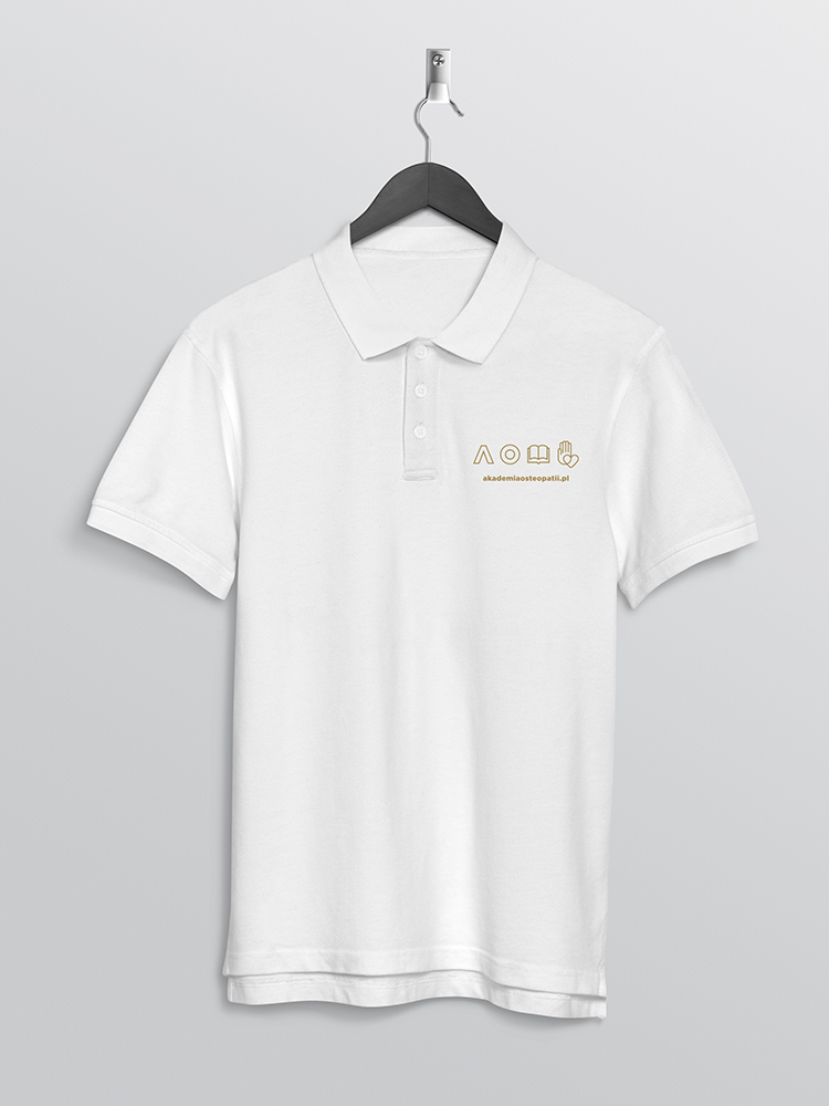Front back of white plain polo t shirt hanging on wall