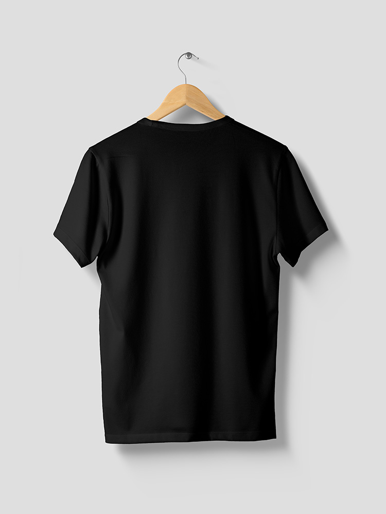 Black T-Shirt Mock-up on wooden hanger, front and rear side view